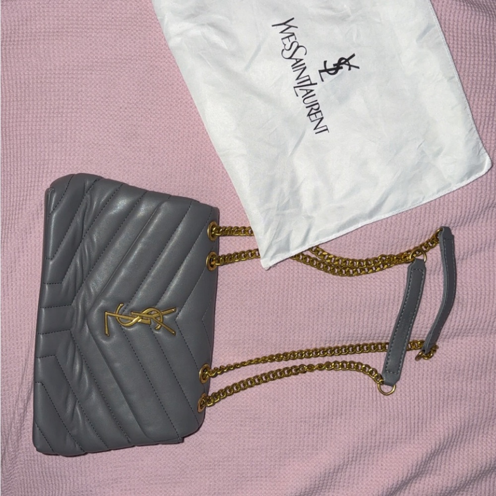 Gray Quilted Leather Shoulder Bag with Gold Chain